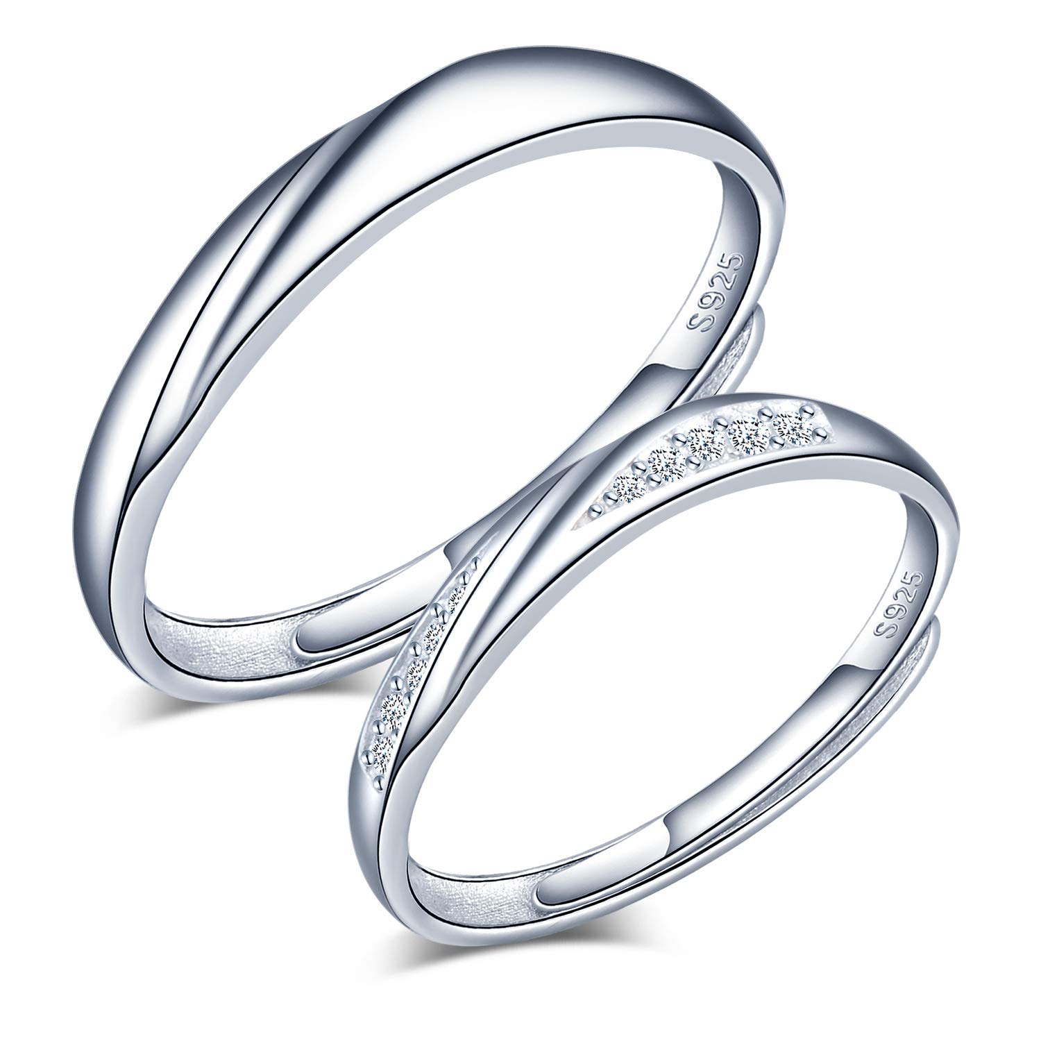 CPSLOVEAnillo de plata 925 para pareja, anillos de boda de onda, Incrustaciones Circón, tamaño ajustable, Anillo de compromiso