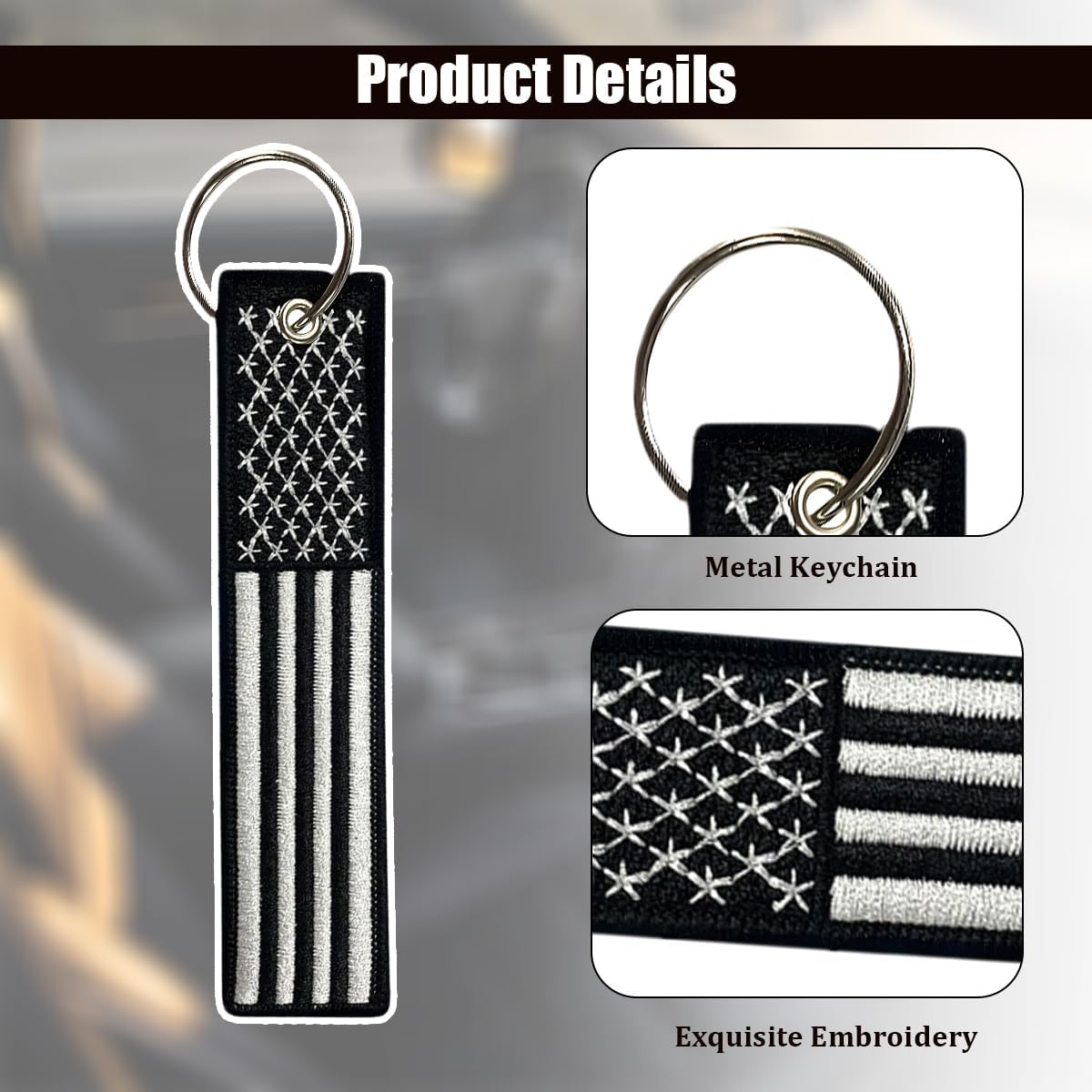American Flag Car Key Chain, 2PCS Patriotic Embroidered Vehicle Keyrings, Automotive Decor Key Fob, Universal Fit (Black White) image 4