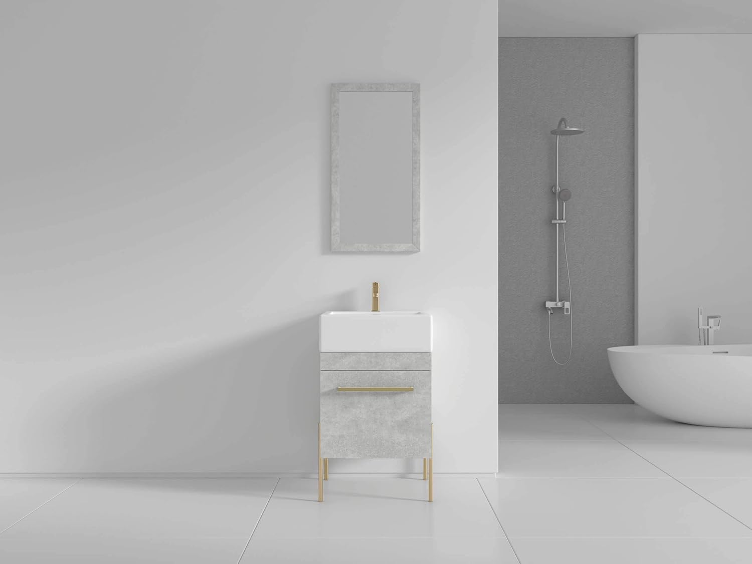 New Deal Fine Fixtures - Modern Grey Marble 20 Bathroom Vanity Set, Satin Brass Hardware, vitreous China Sink Top