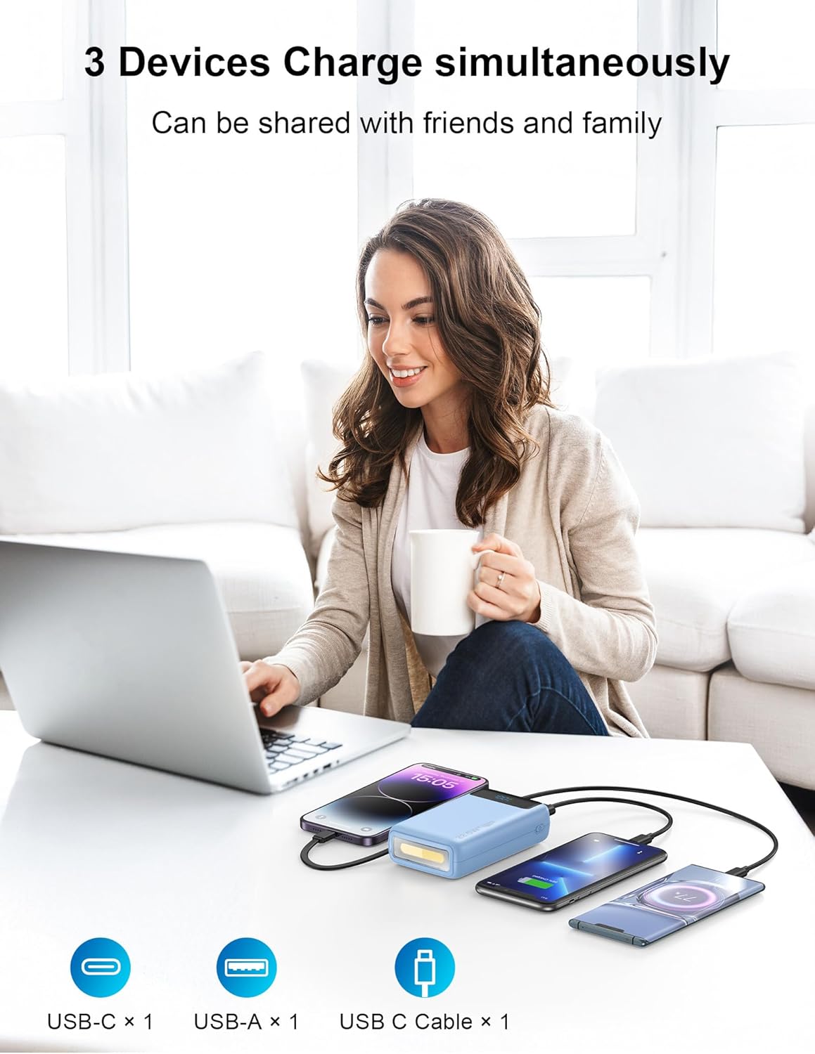 Portable Charger, 27000mAh 22.5W Fast Charging Power Bank with Built-in Cable, USB C Battery Pack with LED Display & Flash Light, Travel Essential External Battery Charger Bank for iPhone Samsung Blue