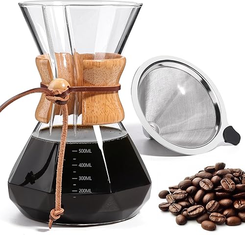 Miniatura 14 de Cafetera de Café por Goteo 27 OZ, Cafetera de Vidrio de Borosilicato de 8 Tazas con Filtro de Acero Inoxidable Reutilizable y Empuñadura de Corcho