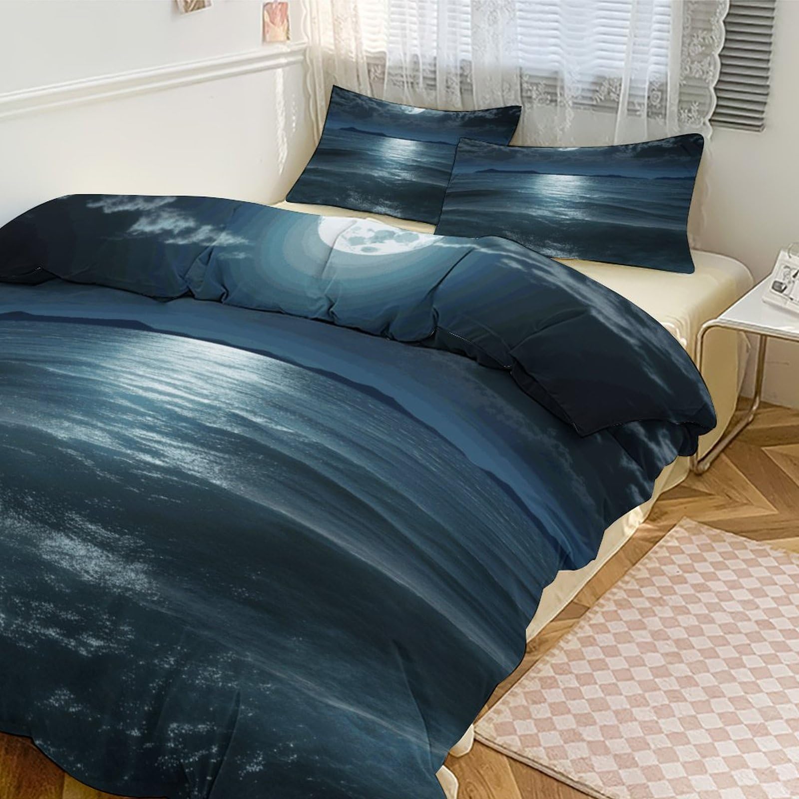 Parure de lit 3 pièces imprimé lune et mer 259x228 cm avec couette épaisse