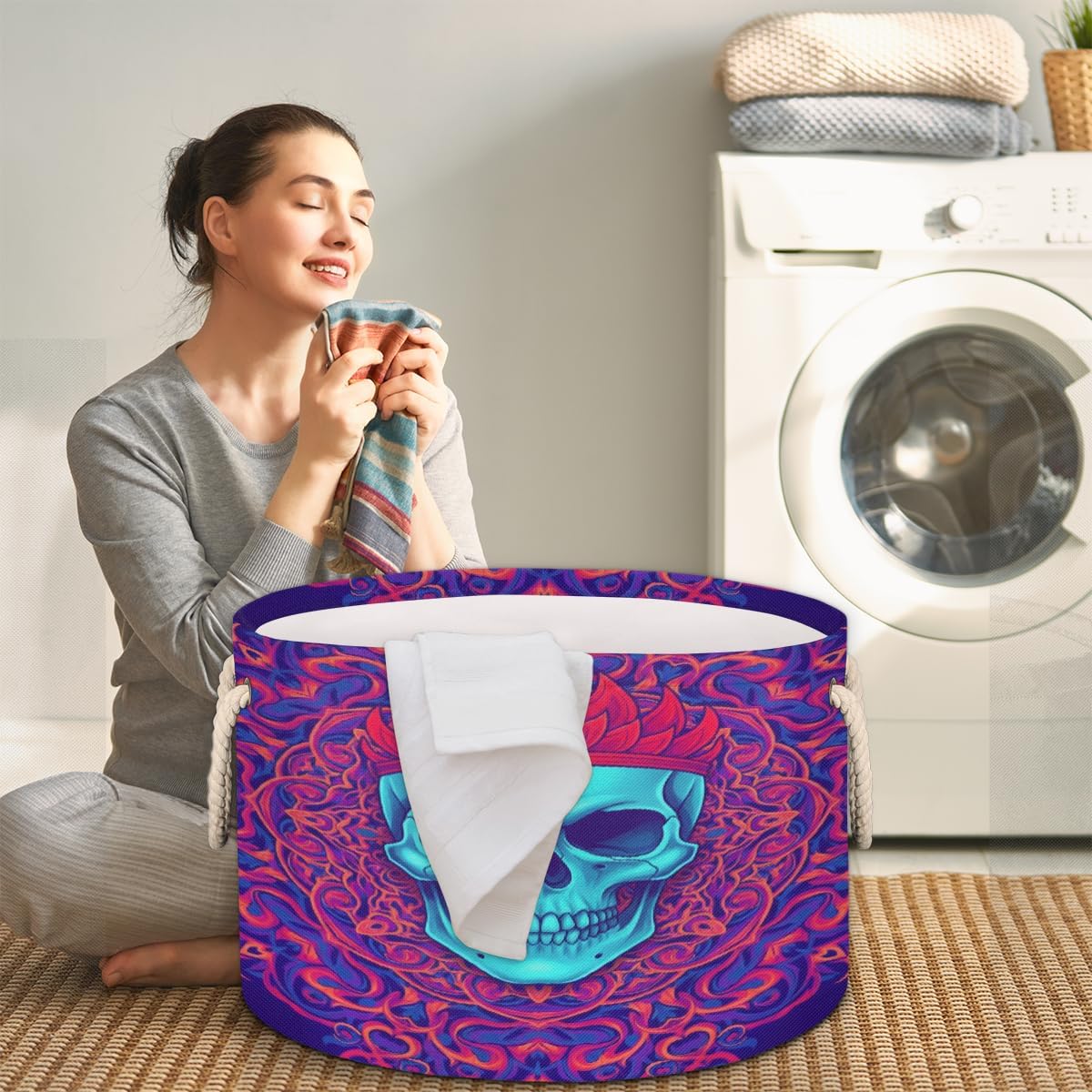 Large Storage Baskets - Skull Crown Mandala Nursery Round Collapsible Organizer Bin Box, Laundry Hamper for Kids Toys, Blanket, Bedroom Living Room Home Decor, Gift Basket, 19.4"x13.3"