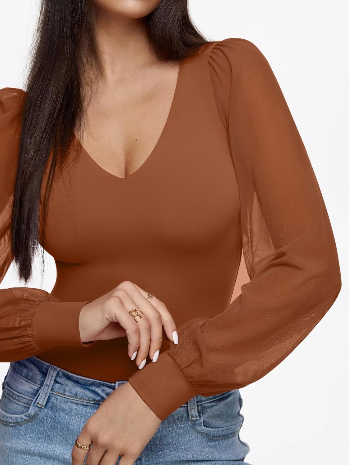 REORIA Womens Mesh Long Sleeve Bodysuit Double Lined V Neck Slimming Body Suits Sexy Cute Going Out Tops Shirts Fall Outfits - Image 4