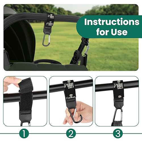 Miniatura 3 de Correas para cochecito, bolsas de pañales con ganchos para mamá, carrito de compras universal, billetera, mochila - 2 paquetes (calavera)