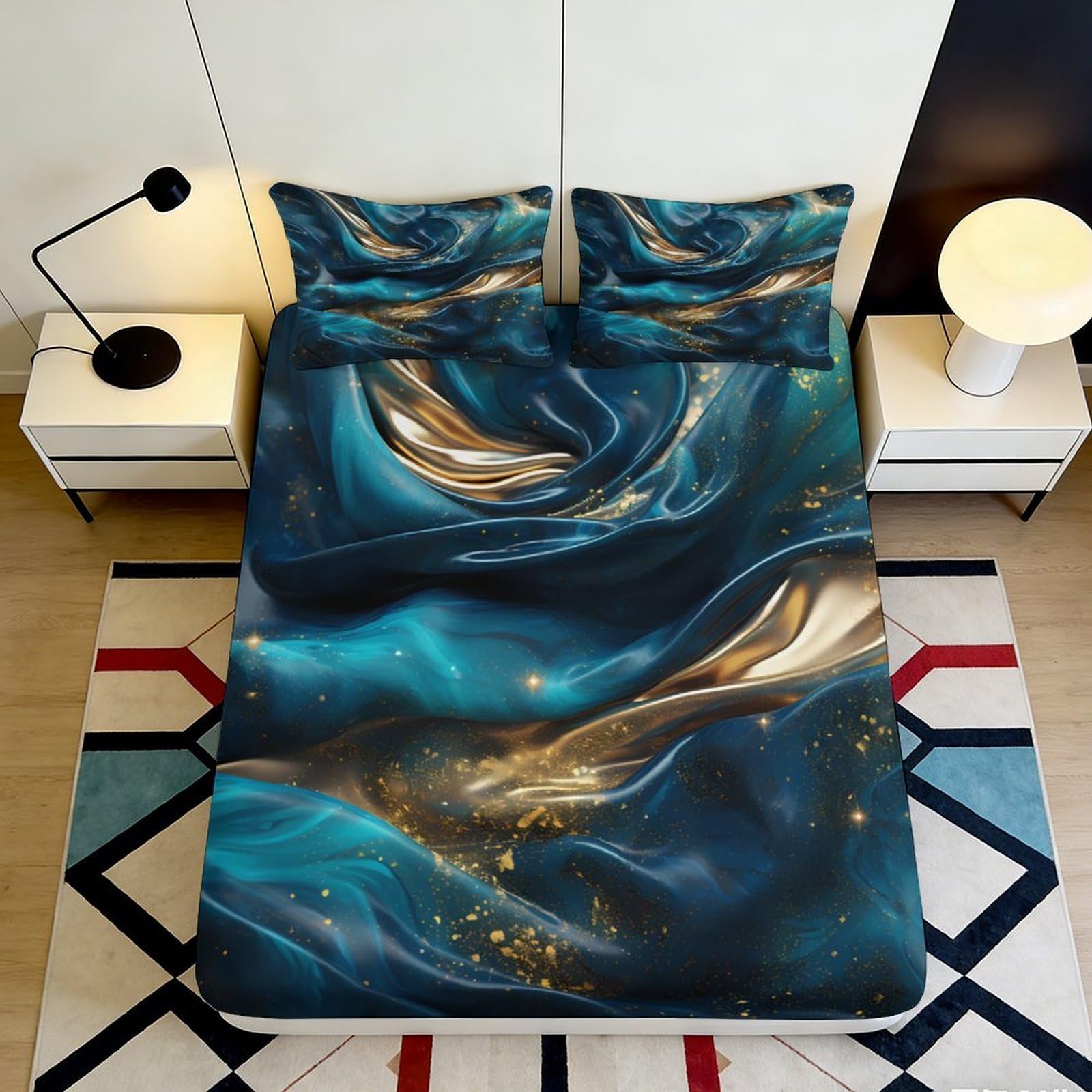 3D Printed Blue Gold Swirl Fitted Sheet Microfiber Soft Breathable Cosmic Nebula Mattress Cover for Bedroom Dormitory Guest Room Protection Decor 120x200x25cm