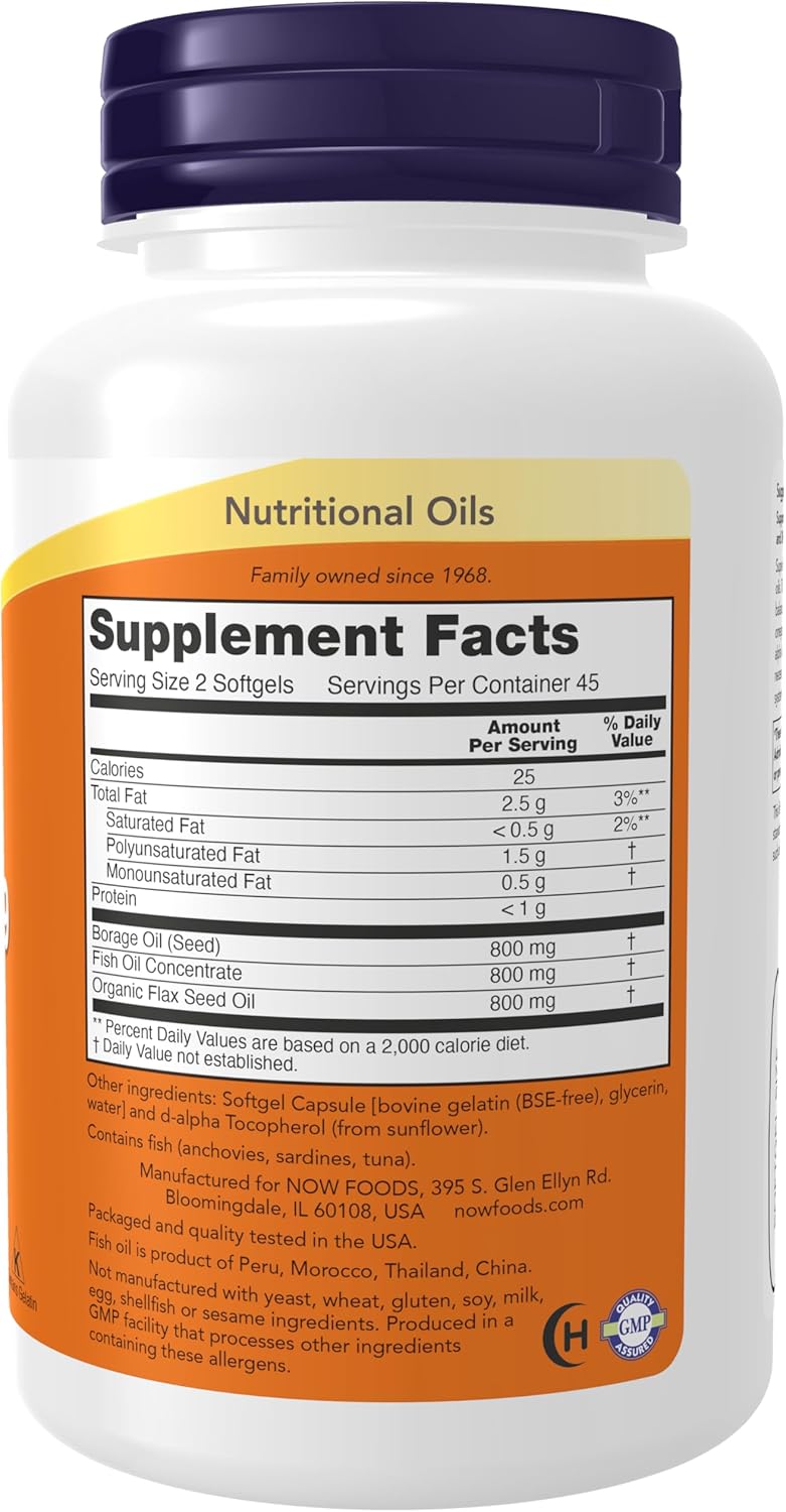 NOW Supplements, Super Omega 3-6-9 1200 mg with a blend of Fish, Borage and Flax Seed Oils, 90 Softgels - Image 2