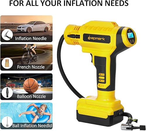 Miniatura 3 de Inflador de neumáticos bomba de aire inalámbrica con medidor de presión, 150 PSI, batería recargable de 20 V 10000 mAh, base de cargador de coche
