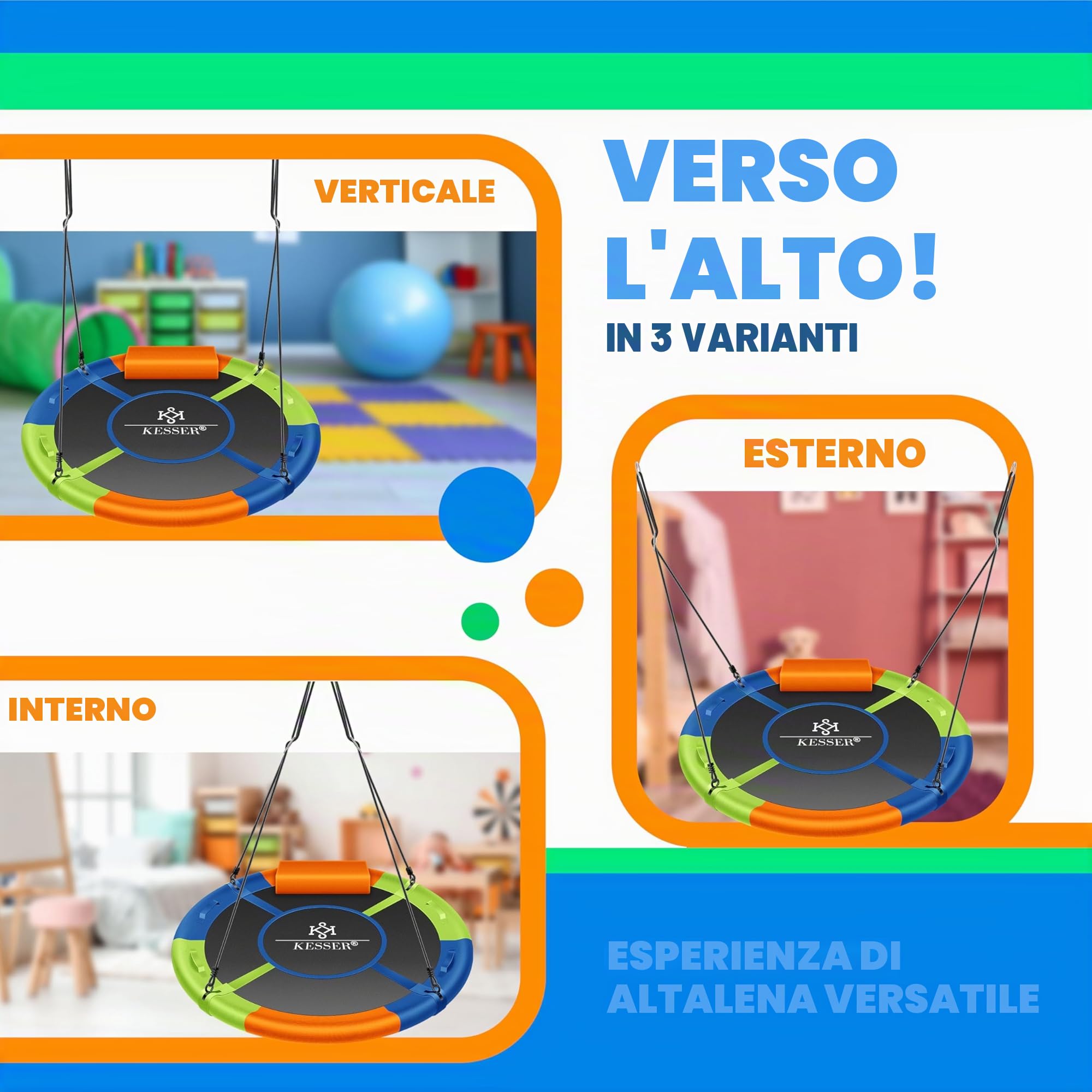 KESSER® Altalena a Rete Rotonda Regolabile per Bambini e Adulti, 120 cm, Multicolore