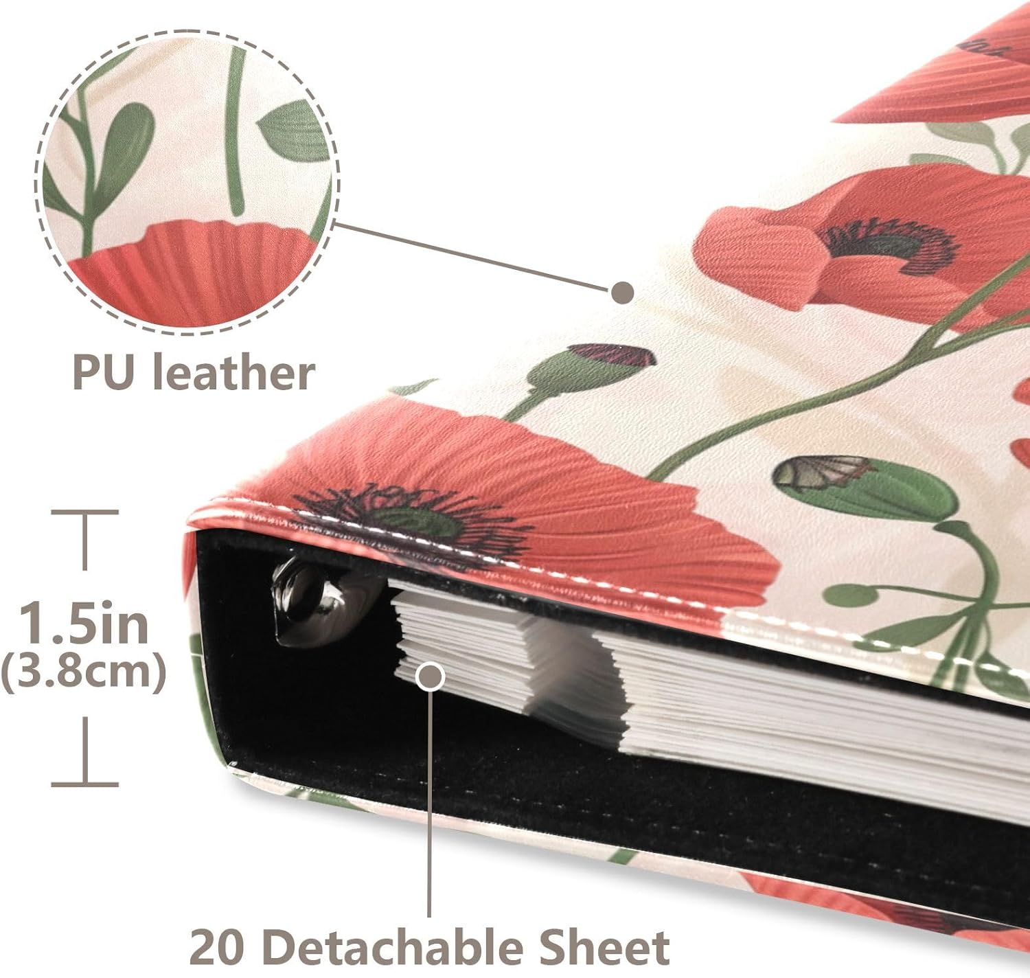 JIPONI Poppy Flowers with Leaves Large Photo Album, DIY Leather Cover Scrapbook Albums for 4x6 5x7 6x8 Pictures, Self Adhesive Memory Book for Wedding, Baby, Family