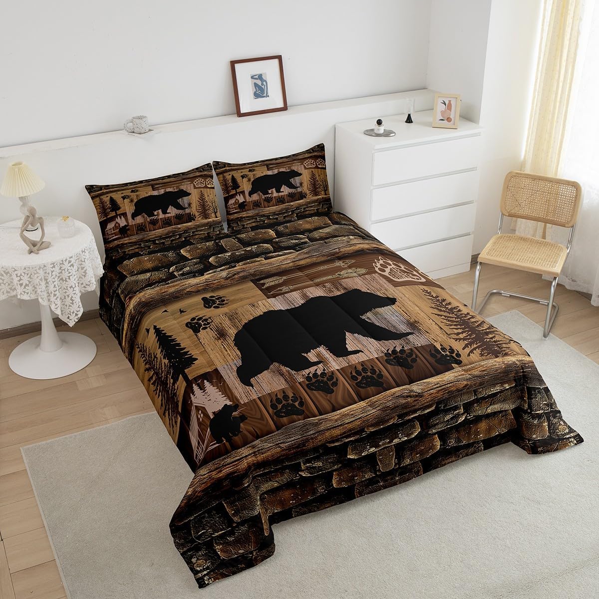 Feelyou Cute Bear Bedding Set - Twin Size Rustic Cabin Country Comforter Set, Paw Wildlife Bear Duvet Set Room Decor Quilt Set