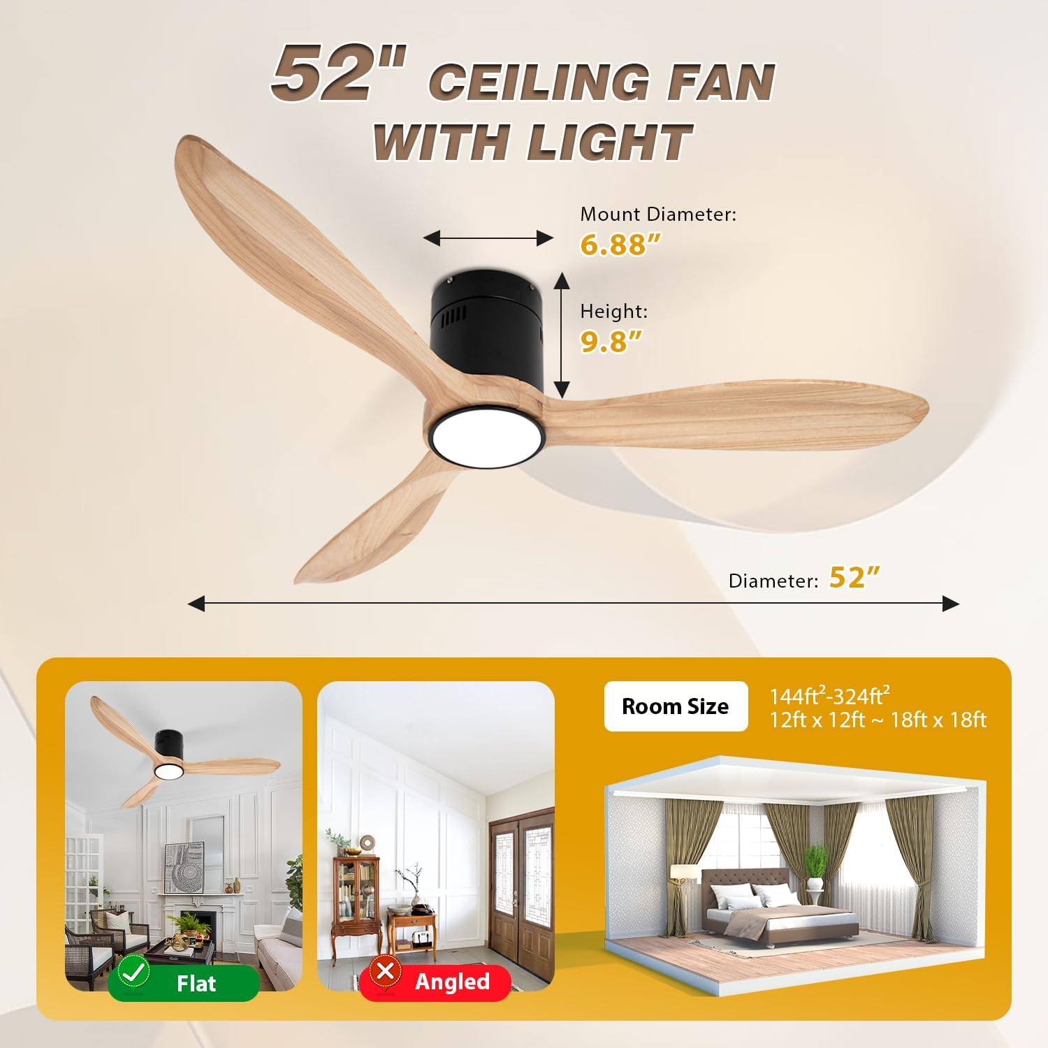 VACILL Flush Mount Ceiling Fan with Light,Low Profile Ceiling Fan,Natural Wooden Fan Blades,6 Speed,LED Dimmable,DC Motor,52 inch,Natural Wood Blade