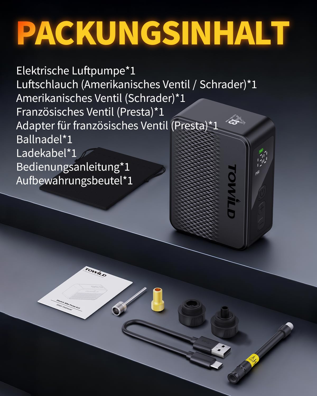 TOWILD A13 Akku Luftpumpe Fahrrad Elektrisch 130 PSI Tiny Fahrradpumpe mit Digitalem Manometer Automatische Abschaltung Elektrische Luftpumpe mit Presta- und Schrader-Ventil für E-Bike, MTB Rennrad