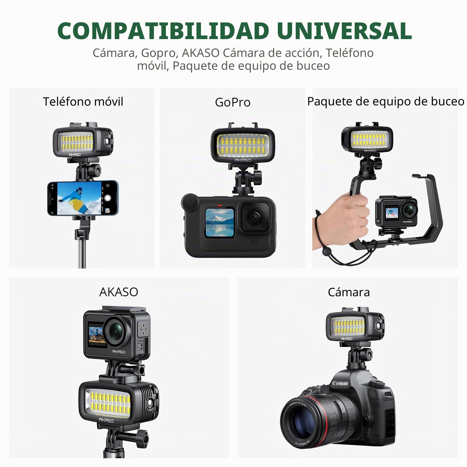 AKASO Luz subacuática de 131 pies (40 m) Luz de buceo impermeable de alta potencia regulable LED luz de video con soporte de zapata fría y 4 filtros de color para cámaras de acción Gopro/AKASO y