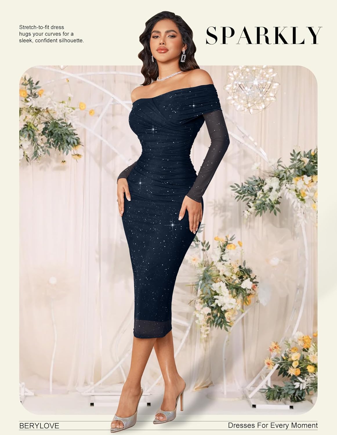BeryLove Sparkly Off Shoulder Formal Wedding Guest Dresses Long Sleeve Midi Cocktail 2026 Sequin Mesh Evening Gala Gown Glitter Prom Party Sheer Baby Shower Dress Navy L - Image 5
