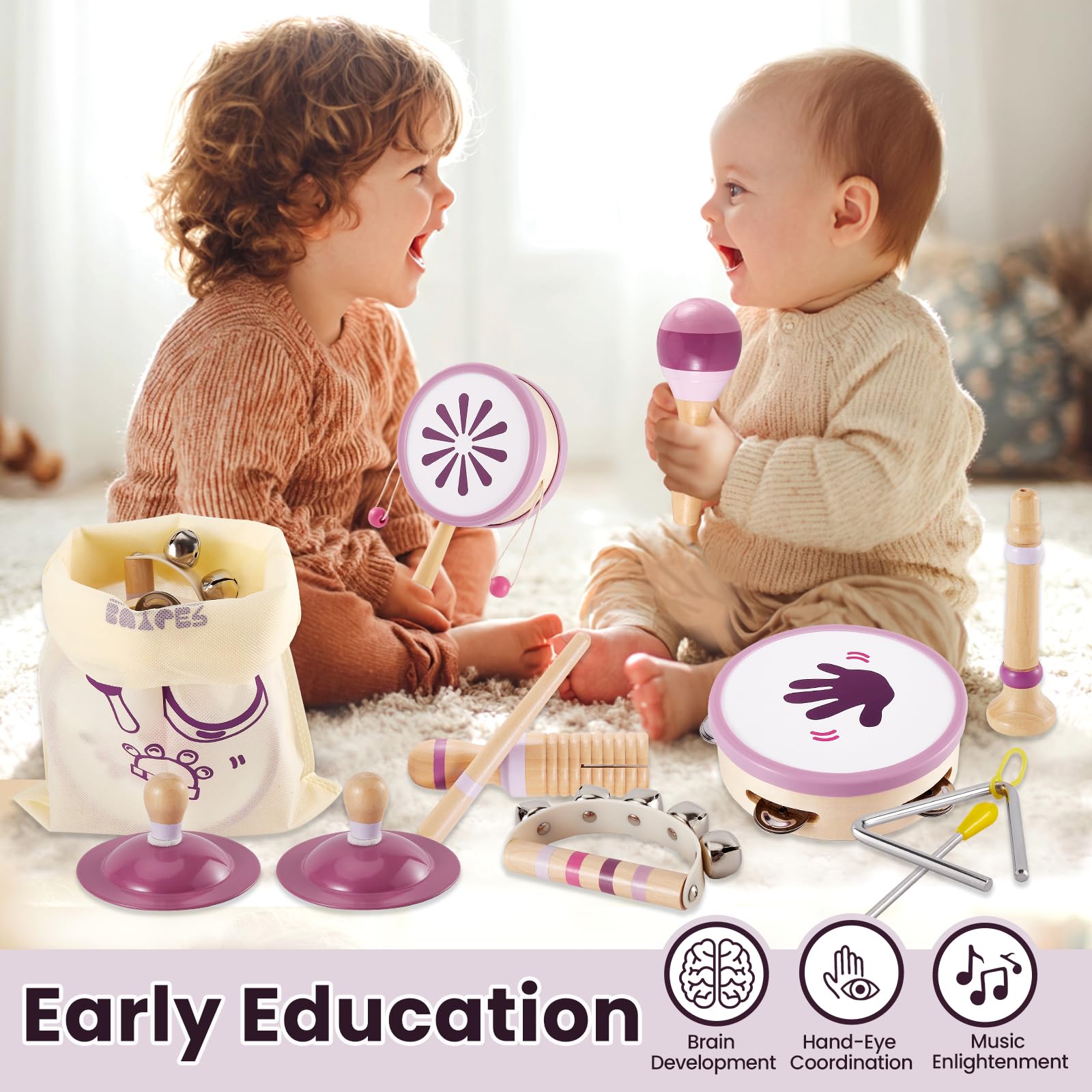 Buyger Instrumentos Musicales para Bebés, Juguete Montessori de Madera para Niños 1 2 3 años, IInstrumentos de Percusión Infantiles, Regalo para Niños Niñas (Cumpleaños/Navidad/Reyes)