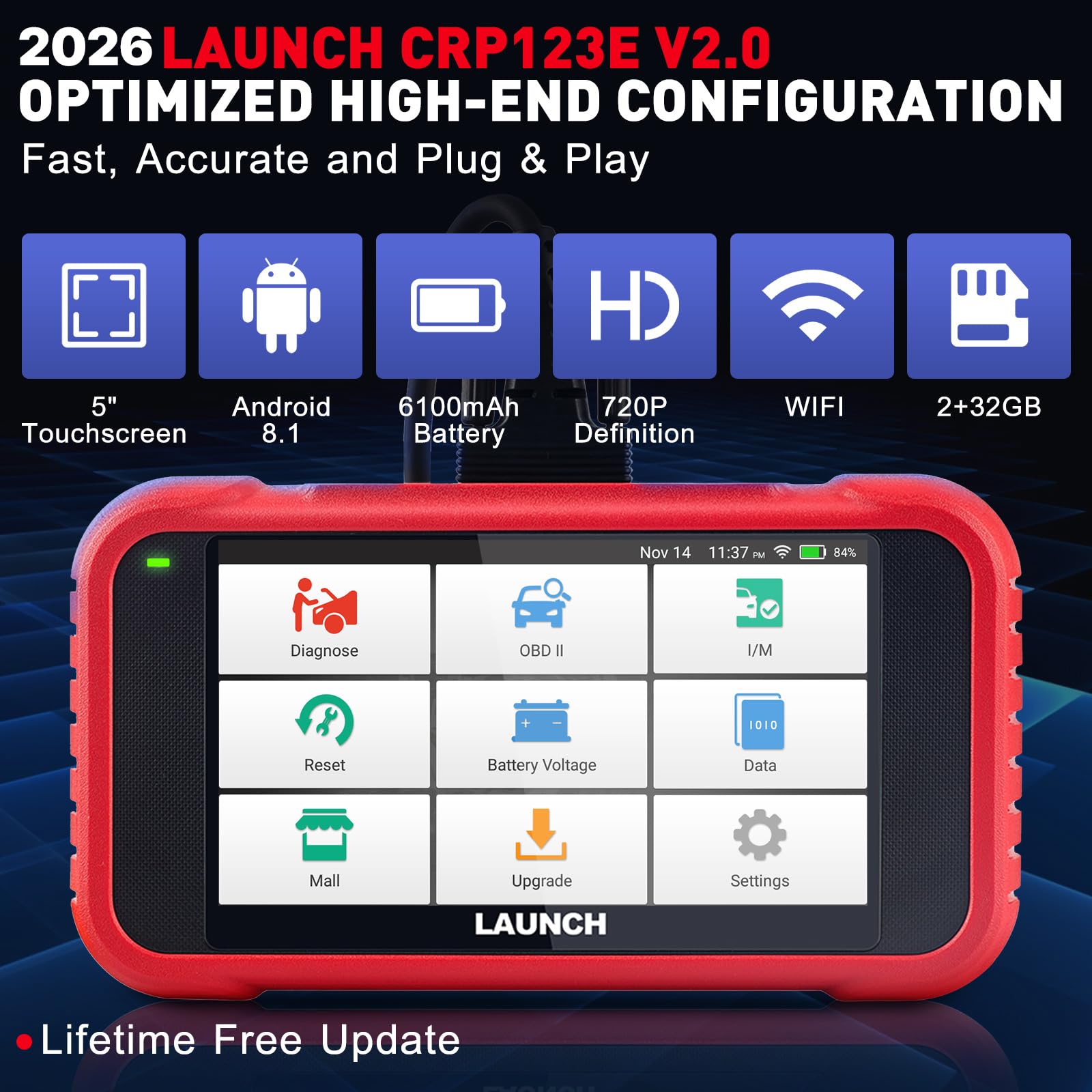 LAUNCH CRP123E V2.0 OBD2 Appareil de Diagnostic pour Voiture - Testeur EOBD - 4 Diagnostics du système (Moteur SRS AT ABS) avec 7 réinitialisations (Huile/SA/EPB/DPF/BMS/abs/réglage de l'accélérateur