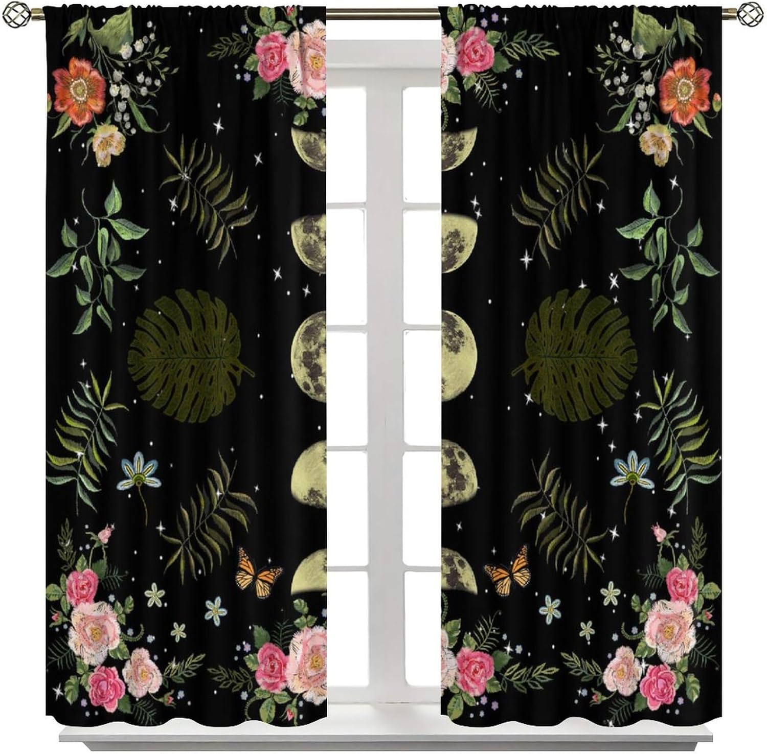 Moon Phase Blackout Window Curtain，Moonlit Goth Gothic Witch Witchy Celestial with Butterfly Floral Leaves Mysticism for Home Kitchen Livingroom Coffee Room Window Curtain 2Panel 42"W X 45"L