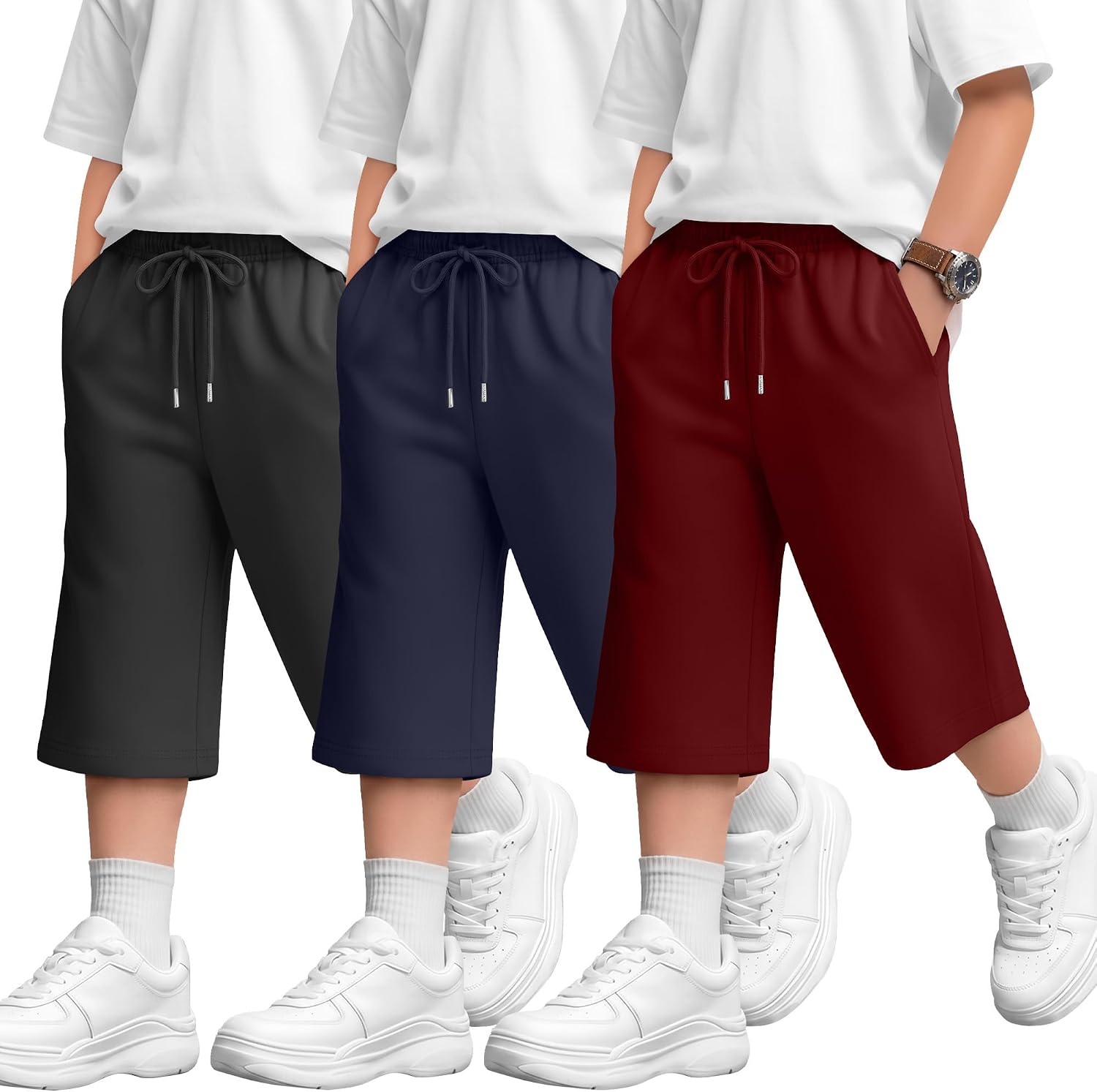 3 Pack Boys' Capri Pants 3/4 Wide Leg Casual Drawstring Capri Sweatpants Basic Athletic Cropped Pants with Pockets