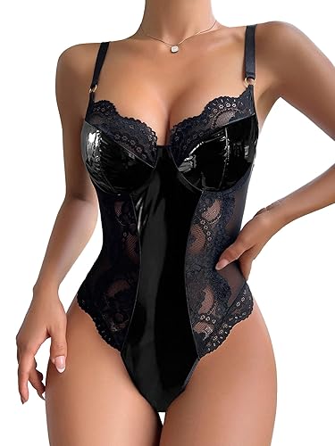 Lilosy Sexy Leather Underwire Push Up Floral Lace Sheer Corset Lingerie Women Teddy Bodysuit Bustier Top One Piece - Large - Pu Black