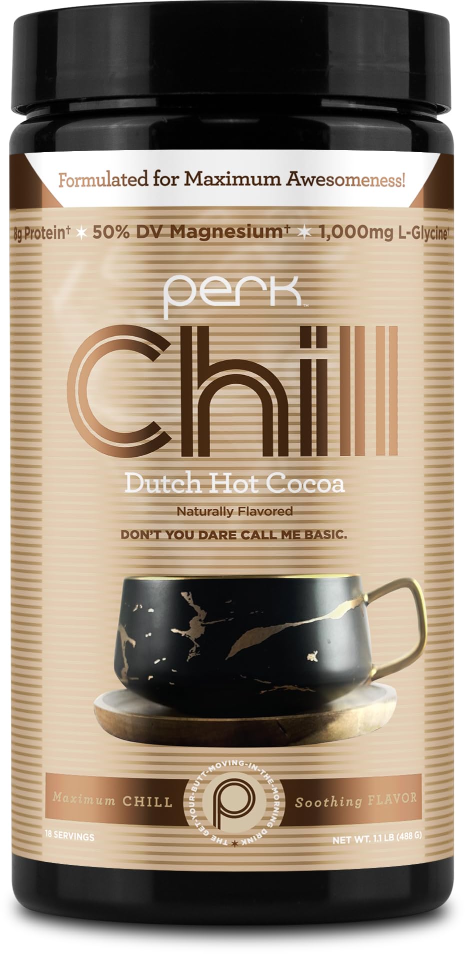 Perk Chill Drink Mix (Dutch Hot Cocoa) 18 Servings – Calming Melatonin-Free Nighttime Sleep Aid Support with Magnesium & L-Glycine, Soy-Free,