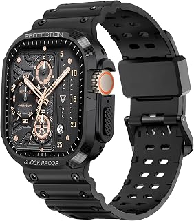G-ficu Rugged Protective Band and Case for Apple Watch Ultra 2 / Ultra Band 49mm, Metal Double Tongue Buckle Black, Shockproof Durable Bumper Military Sport iWatch Ultra 49mm Strap with Armor Cover Case for Men