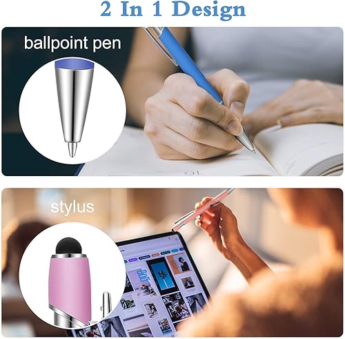 Miniatura 130 de 12 bolígrafos con punta de lápiz capacitivo, 0.039 in de tinta negra, bolígrafo de metal para pantallas táctiles, bolígrafo 2 en 1 (cian y oro rosa)