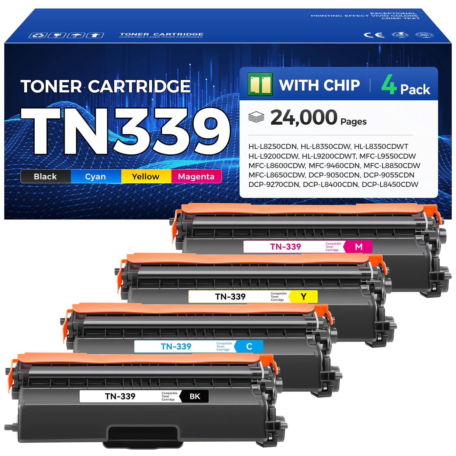TN339 Toner Cartridge Set 4-Pack (Black Cyan Magenta Yelllow) with Chip High Yield Replacement for Brother TN-339 Compatible with MFC-L9550CDW L8600CDW DCP-9050CDN 9055CDN HL-L9220CDW L8250CDN Printer