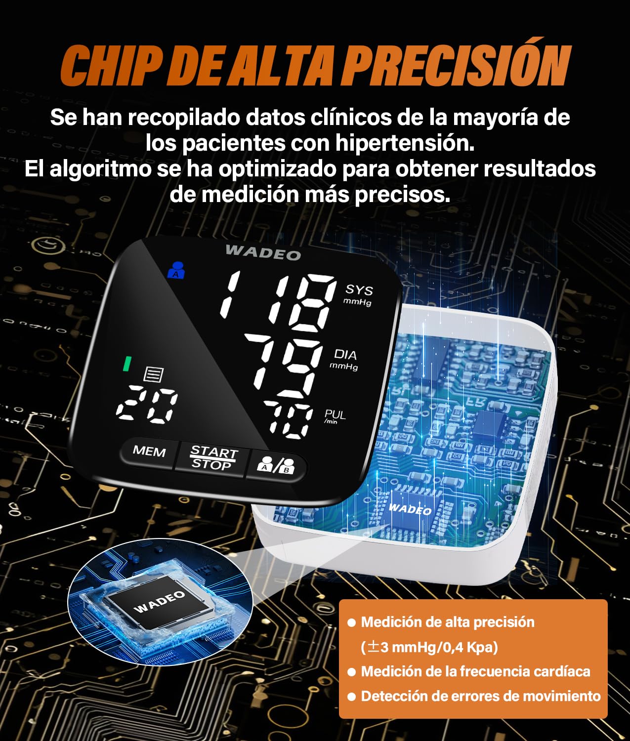 WADEO Tensiómetro digital de muñeca con pantalla LCD, tensiómetro portátil para el hogar o de viaje, medición precisa, 5 idiomas, memoria de 2 x 99, con batería