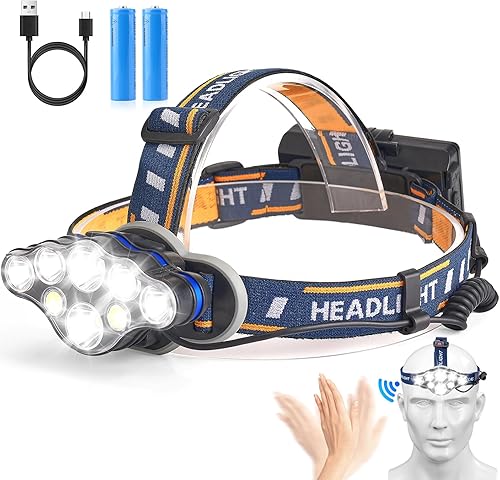 Miniatura 8 de Linterna frontal recargable, 18000 lúmenes, lámpara de cabeza brillante de 8 LED, 16 modos de luz ajustable con sensor de movimiento con luz roja,
