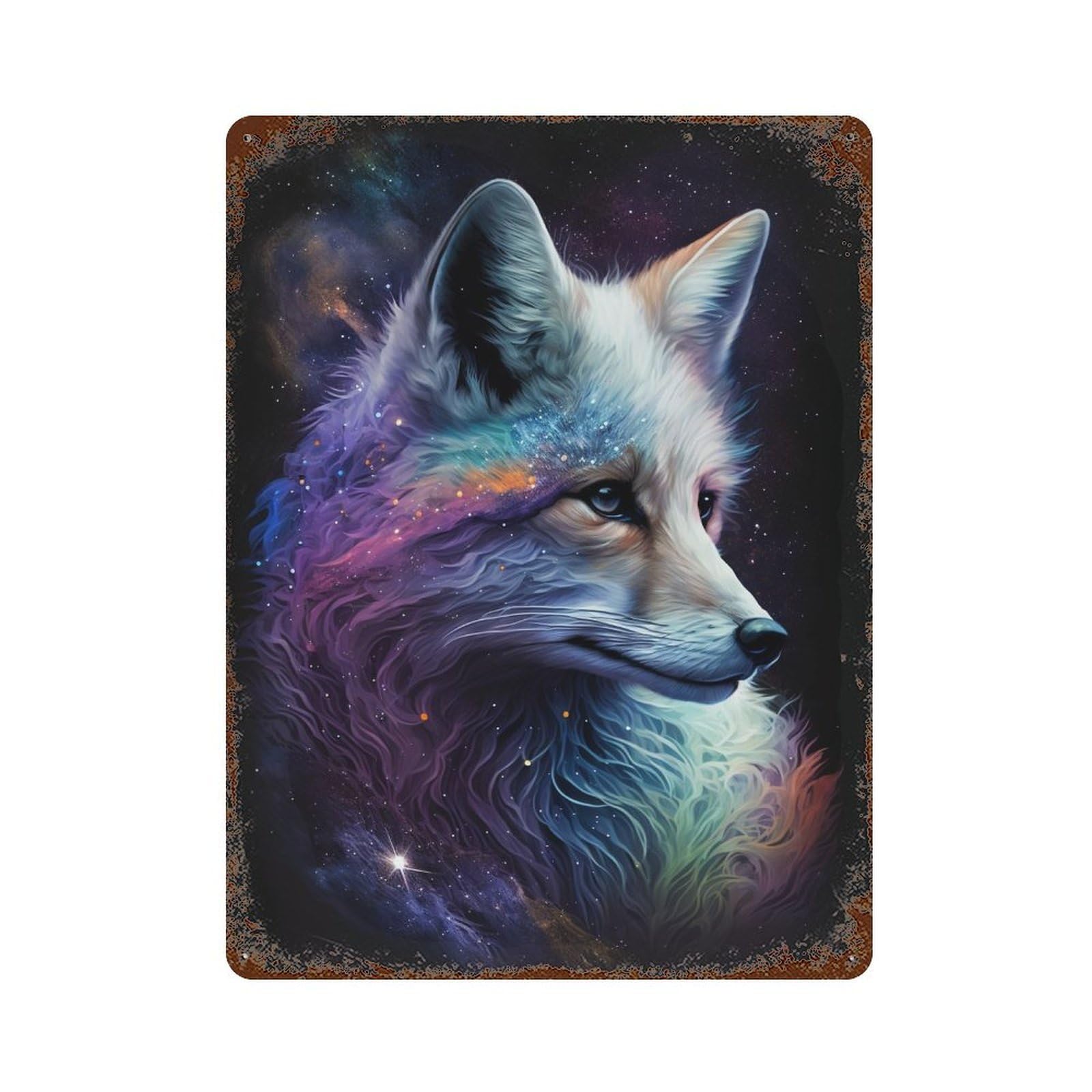 Galactic Fox Art Print Rust Effect Tin Sign 15.7"x11.8", Retro Wall Decor for Pub, Kitchen And Man Cave Decor