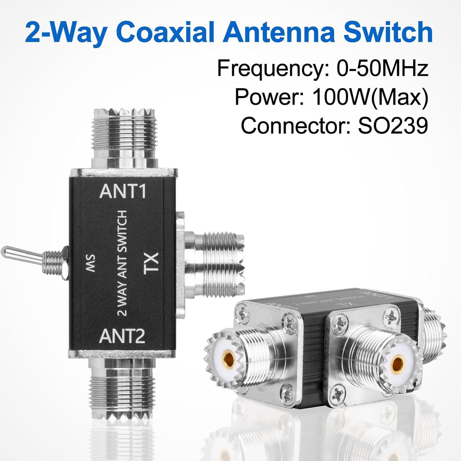 2 Way CB/HAM Antenna Coax Switches SO239-100W 0-30MHz Aluminum Alloy Manual Antenna Switch with Ground Protection for Ham CB HF VHF UHF Radio