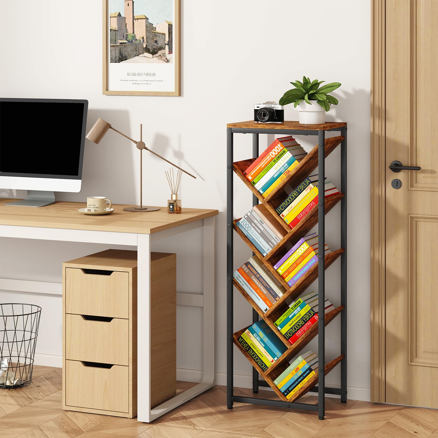 IBUYKE Estantería de Árbol de 9 Niveles,Librería Vertical,Marrón TBC002H | Estante de Pie para Libros Estanteria Esquinera para Dormitorio Salón Oficina en Casa