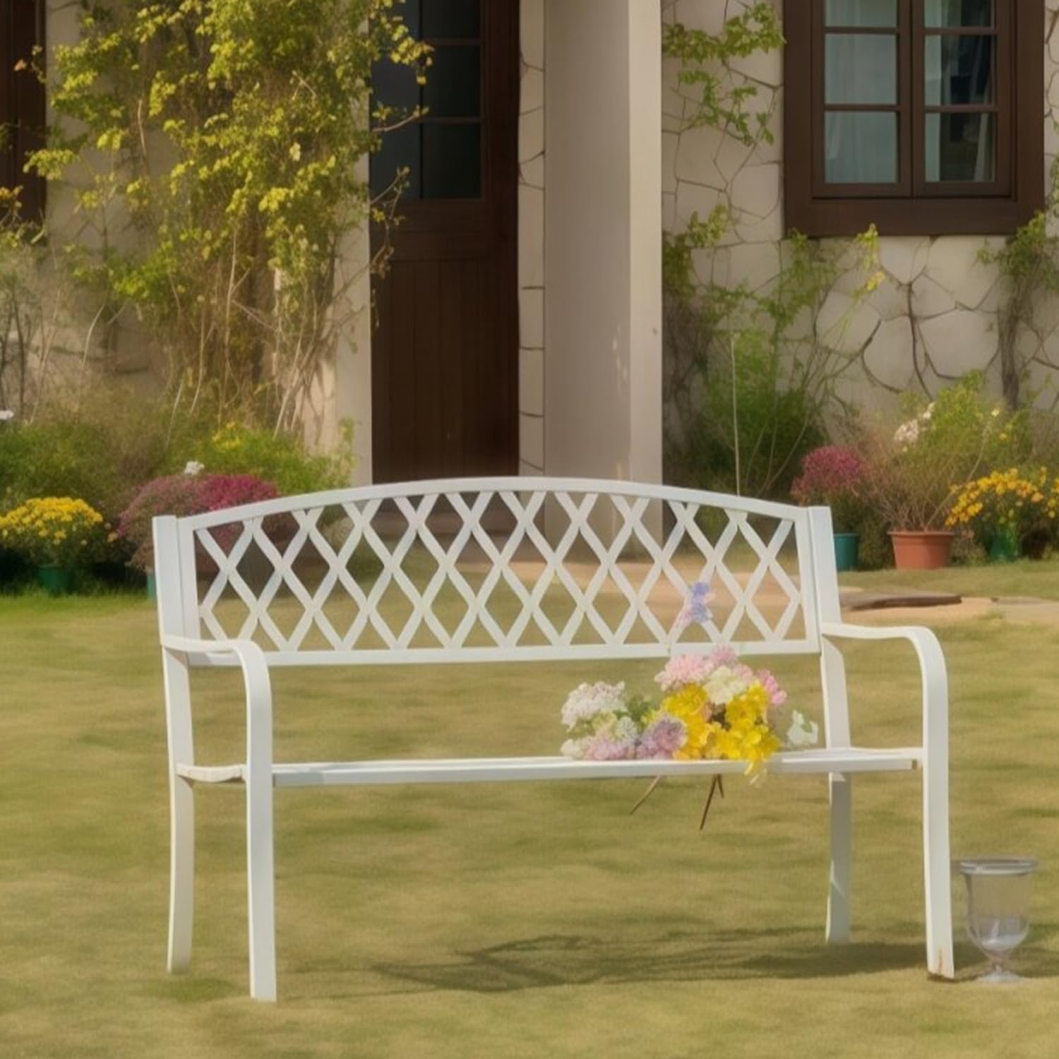 Banc de jardin d'extérieur blanc en fer 128 cm avec coussin confortable pour 2 à 3 places