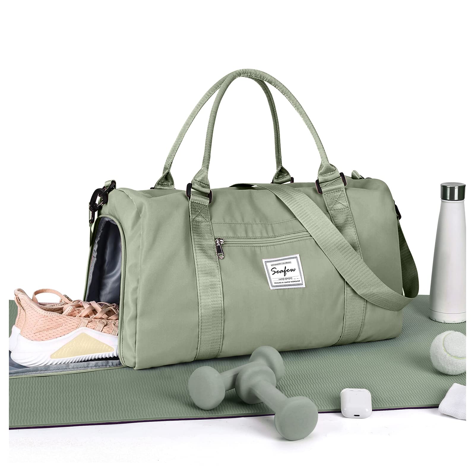 Sport Duffel Bag Damen Herren Sporttasche mit Schuhfach & Nassfach Reisetasche Handgepäck Tasche Sporttaschen Fitness Gym Bag Weekender Travel Bag Schwimmtasche Trainingstasche,A9-Graugrün