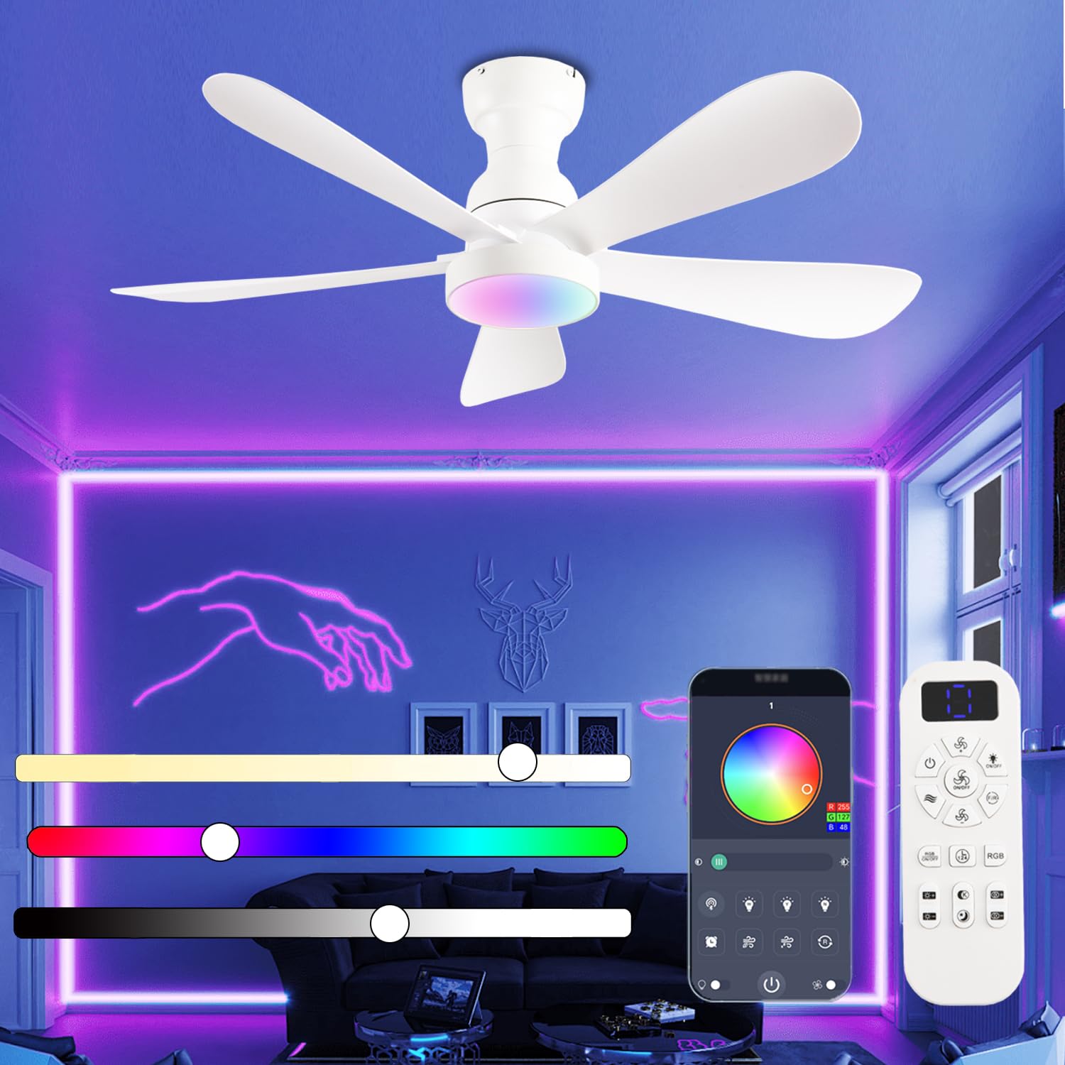 NKPU 42 Inch Ceiling Fans with Lights and Remote/App Control, Flush Mount Ceiling Fan with RGB Dimmable Light, Noiseless Modern White Small Ceiling Fan for Bedroom Indoor/Outdoor