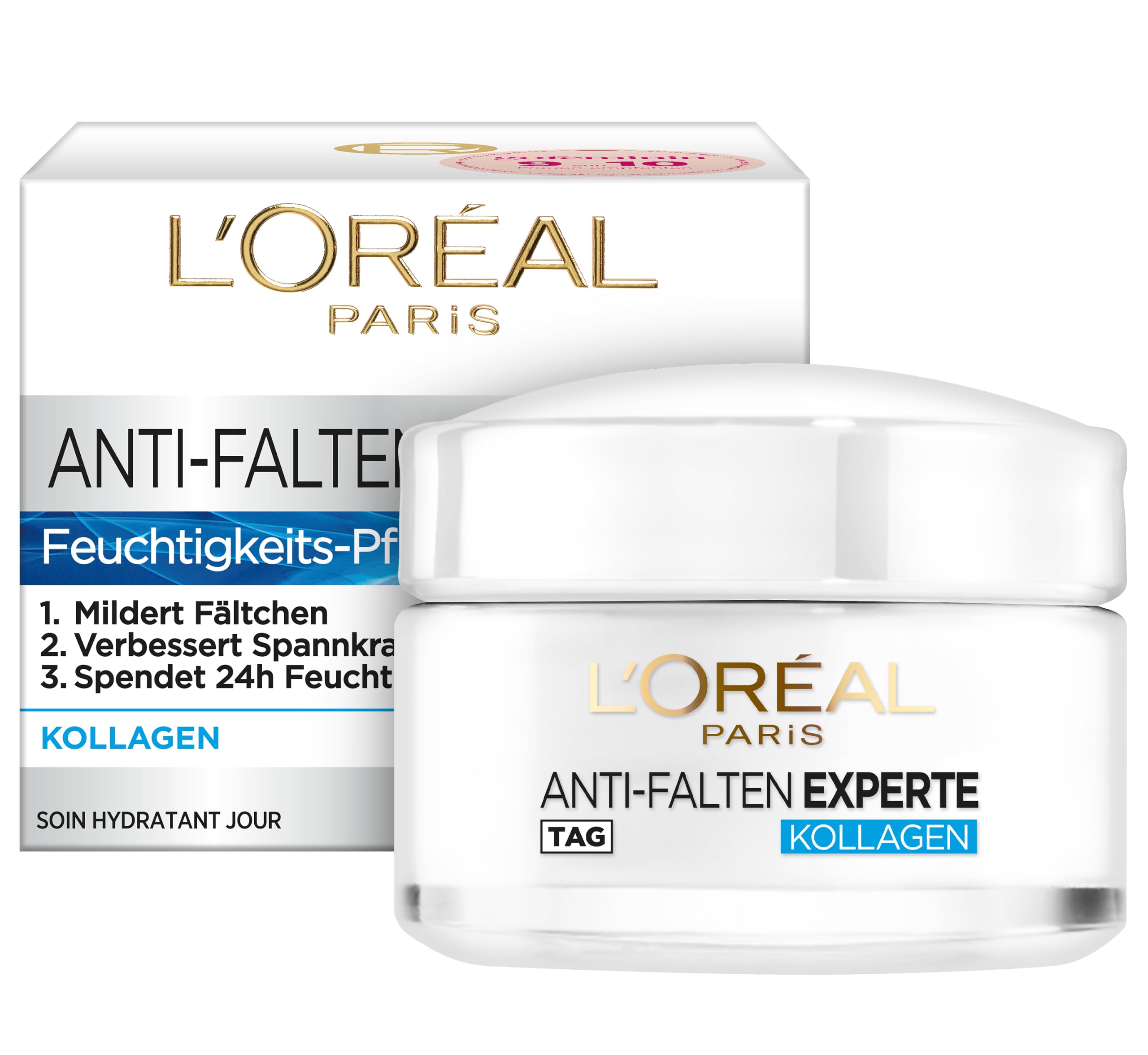 L'Oréal Paris Feuchtigkeitspflege für das Gesicht, Pflegende Anti-Aging Creme mit Kollagen Biosphären, Mildert Fältchen und spendet 24H Feuchtigkeit, Anti-Falten Experte 35+, 1 x 50ml