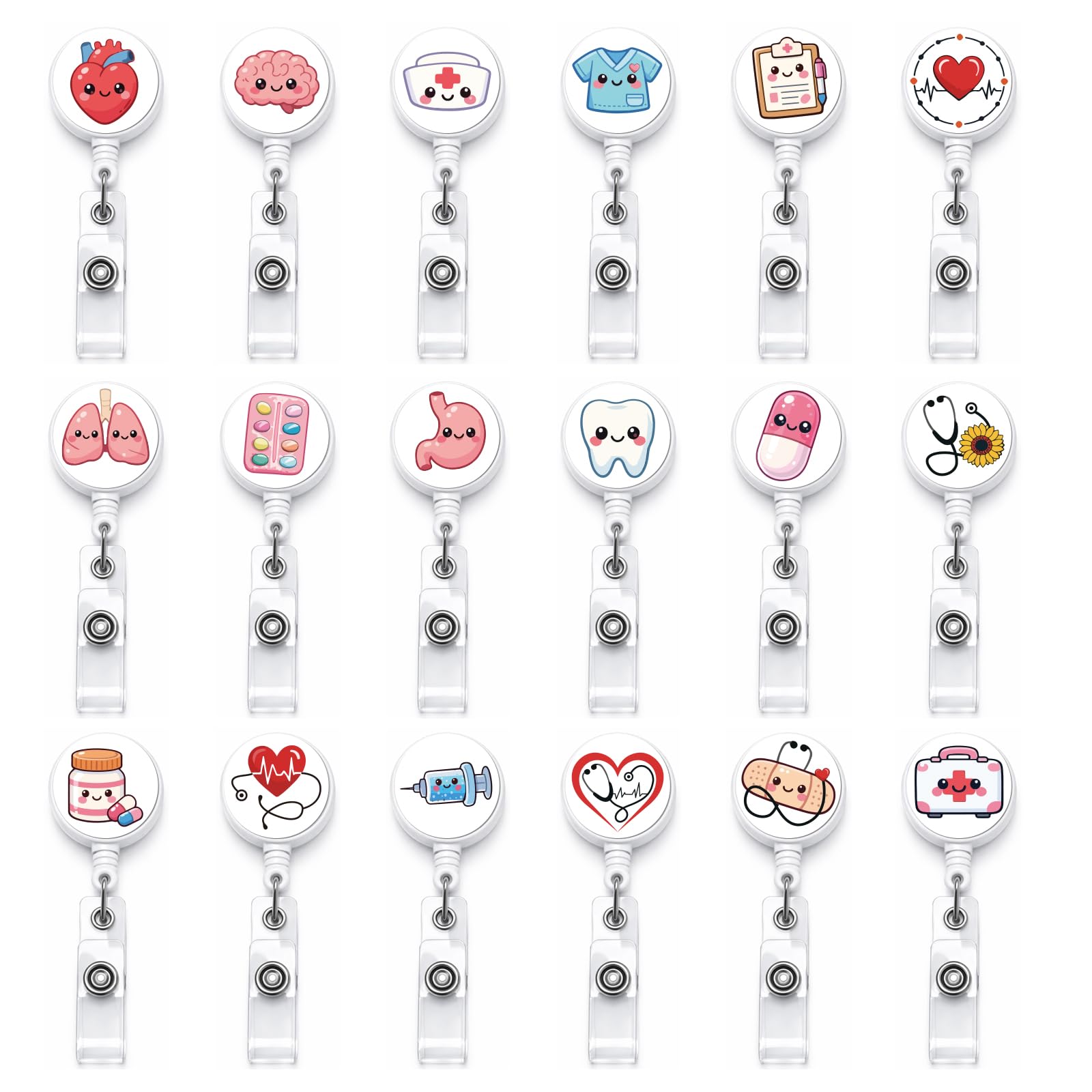 GLASSWINDS 18 Pcs Cute Retractable Nurse Badge Reels, Funny ID Badge Holder Clips for Medical Workers, Doctor Student Name Card Holders with Lanyard, Ideal Gifts for Healthcare — image 1