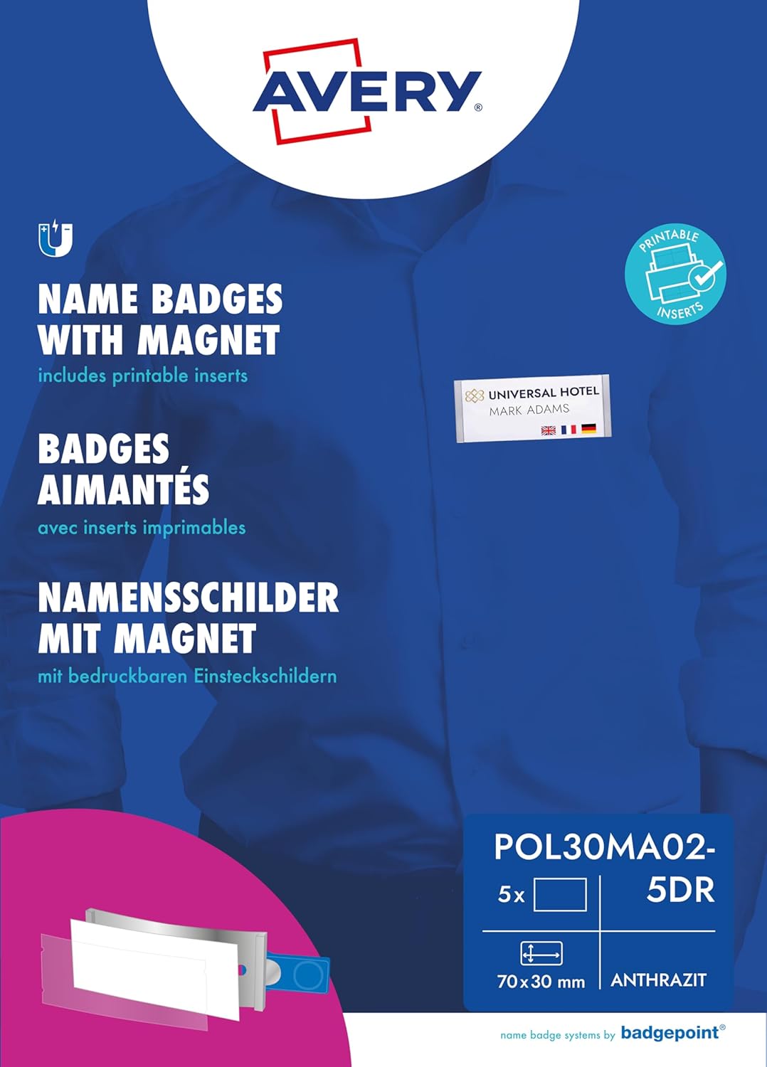 Badgepoint polar30 Name Badges (70 x 30 mm, 5 Signs with Magnet, Twist-Proof, with Print Sheet for Name Cards and Templates for Printing, Magnetic Name Tags for Clothes), Anthracite