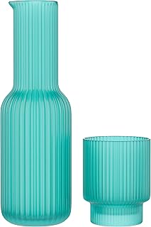 American Atelier Water Set Carafe with Tumbler Glass; Easy Pour Spout for No Mess Use in Office or Kitchen; 30 oz Capacity Carafe with a 12 oz Tumbler, 3.4 x 10 H; Ribbed Pitcher; Aqua Blue