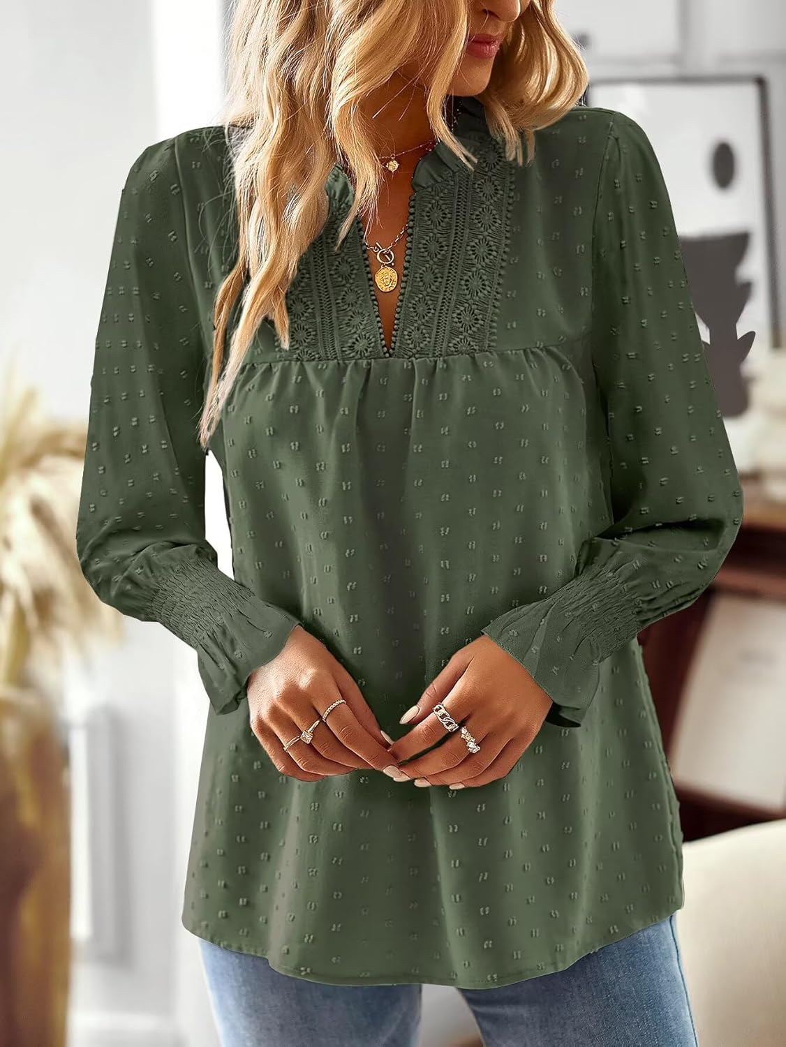Boho Tops for Women V Neck Blouses Flowy Swiss Dot Dressy Casual Lace Womens Long Sleeve Shirts Trendy 2026 - Image 5