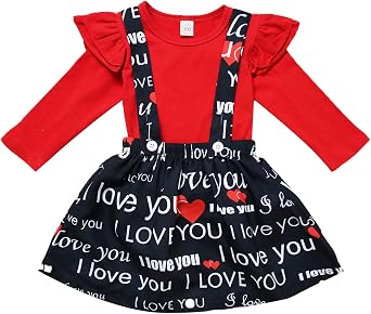 XFGLCK Toddler Baby Girls Valentines Outfit Ruffle Long Sleeve Shirt Tops +Heart Print Suspender Skirt 2Pcs Set