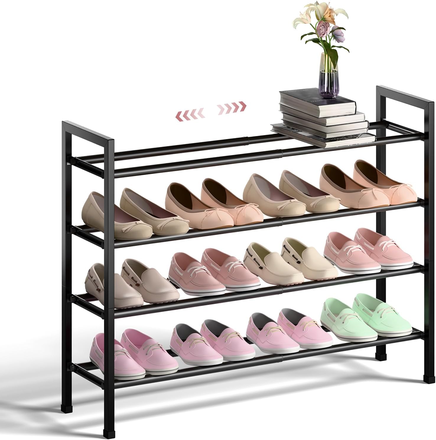 Bumusty 4-Tier Expandable Shoe Rack for Closet, 18“-33” Adjustable Shoe Rack for Small Space, Small Shoe Organizer for Front Door, Sturdy Metal, Dark Black Black 4-Tier