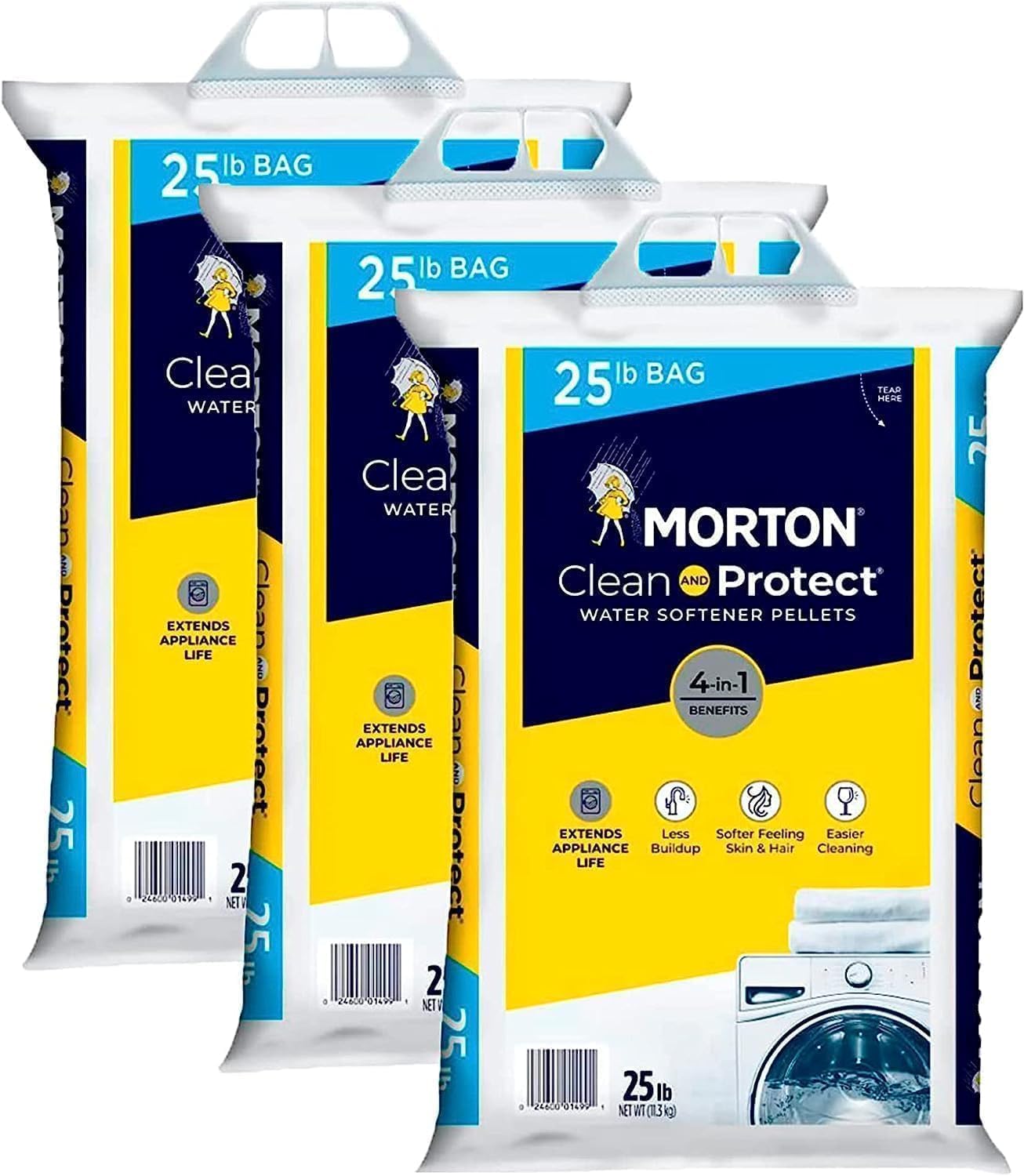 Morton Clean and Protect Water Softener Salt, Pellets, 25 lb Bags, Pack of 3, Easy-Carry Handle, for Hard Water Reduction