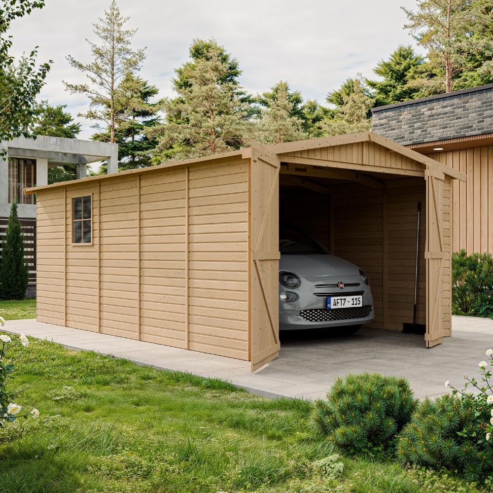 TIMBELA Houten Tuinhuisje en Buitenrek met Behandelde Vloer - Buitenopslag I206xL328xH218 cm / 3,53 0,97 0,97 m² - Kleine Gereedschapsschuur, Fietsenstalling - Waterdicht Dak, Ramen - Model M389