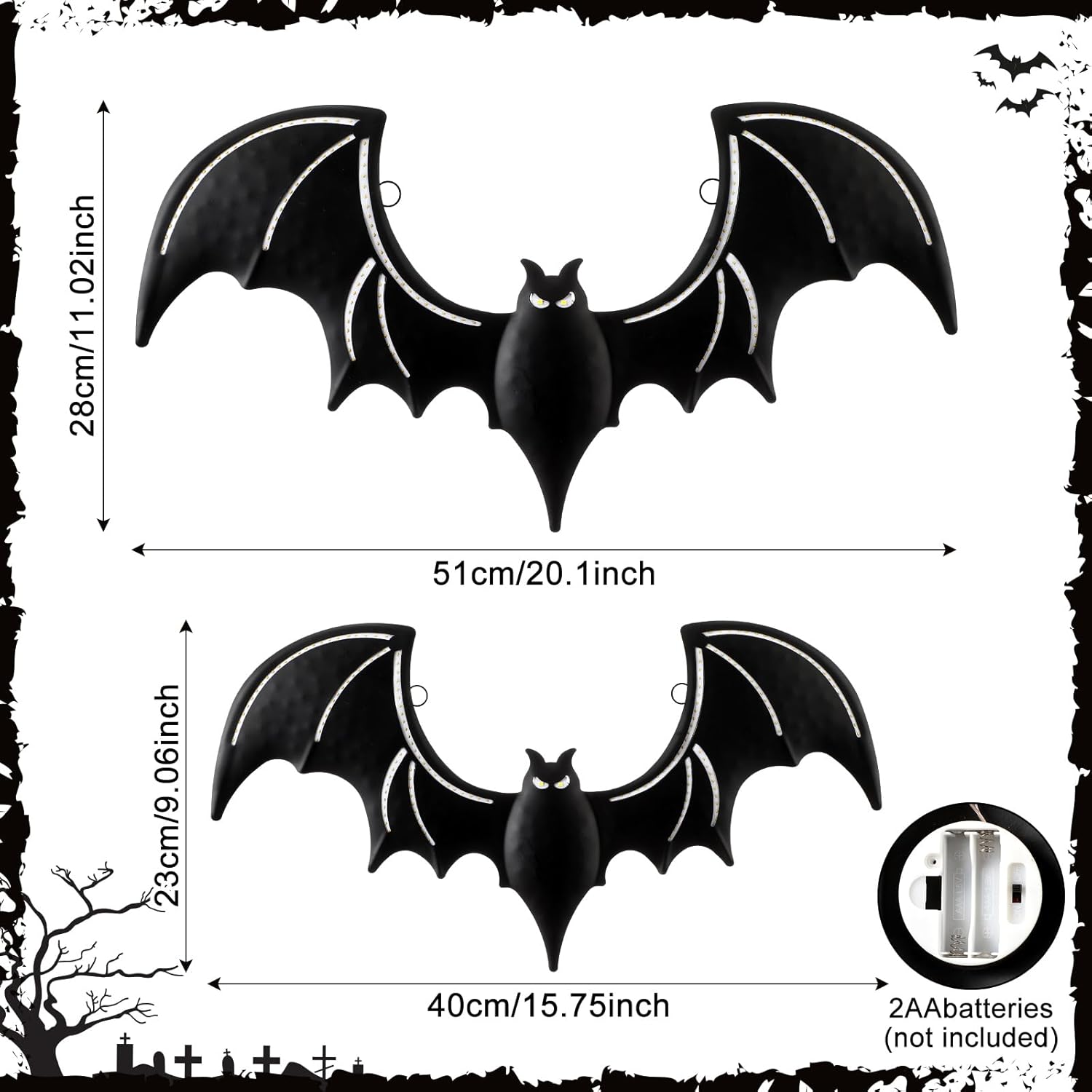 2 Pcs LED Bats Halloween Decor Large Halloween Neon Bat Sign 3D LED Bats Lights Goth Decor for Yard Garden Garage Porch Party Wall Decors Window Haunted House, 20 Inch and 16 Inch