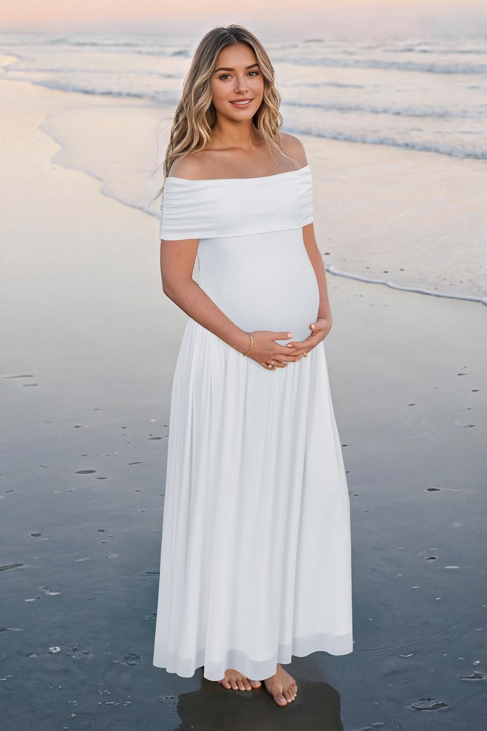 OUGES Women's 2026 Summer Spring Off The Shoulder Mesh Maxi Maternity Baby Shower Dresses for Photoshoot Party Wedding Guest Sleeveless Pleated Formal Long Flowy Pregnancy Must Have Clothes(White,XL) - Image 2