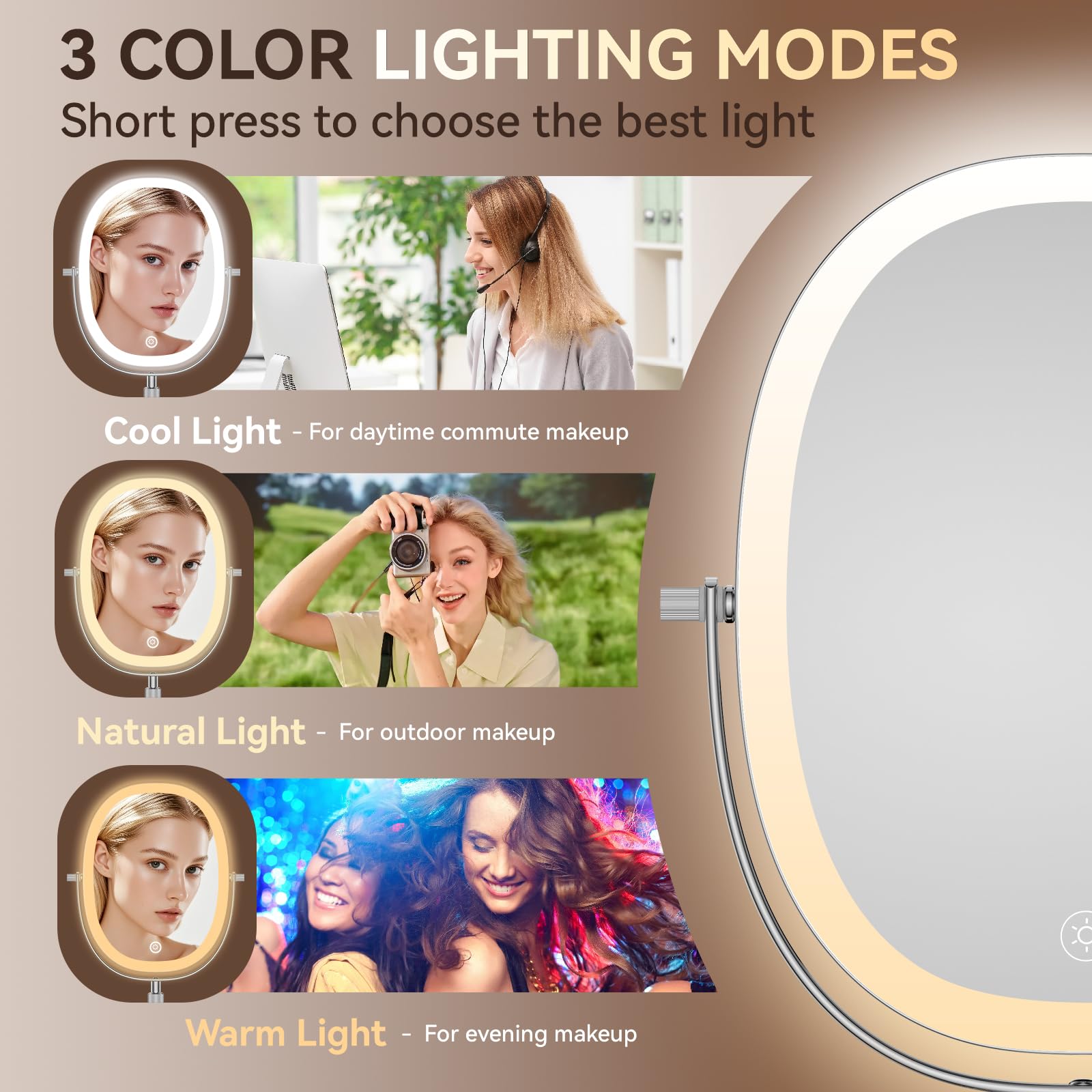Specchio per il trucco da 9 ″ con luci, Ingrandimento 7X, Specchio cosmetico regolabile in altezza, Modalità di illuminazione ricaricabile a 3 colori, Specchio con ingrandimento a doppio lato