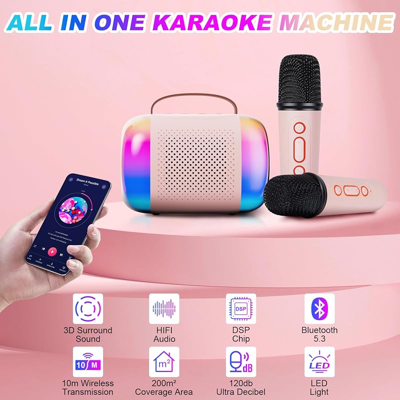 LAMA Karaoke Gép Gyerekeknek 2 Vezeték Nélküli Mikrofonnal, Bluetooth Hangszóró LED Világítással, Hordozható Karaoke Szett Rózsaszín