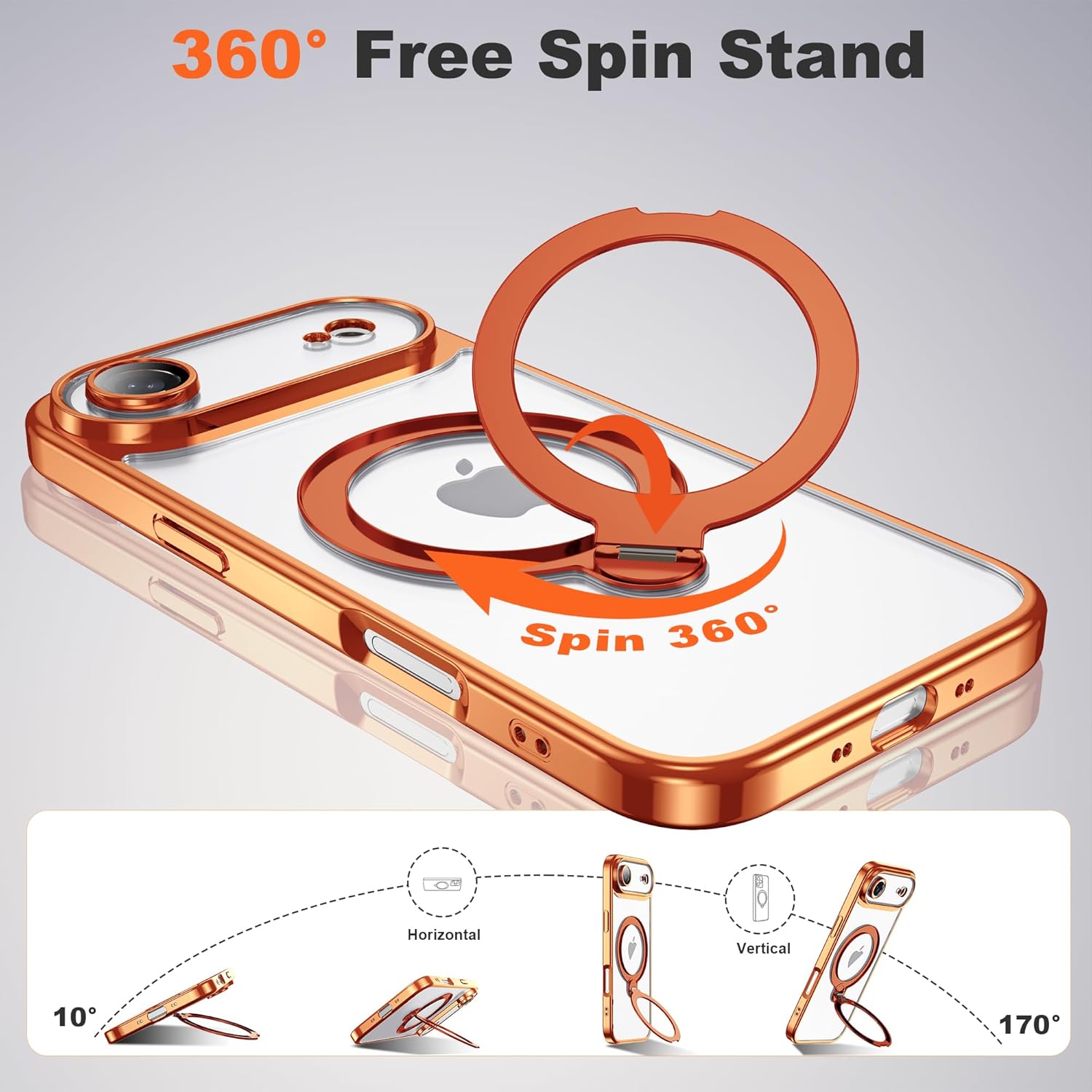 Compatible with iPhone 17 Air Case with 360° Spin Magnetic Ring Stand [Compatible with Mag-Safe] Full Camera Lens Protector Plating Clear Phone Case for iPhone 17 Air 6.5", Orange
